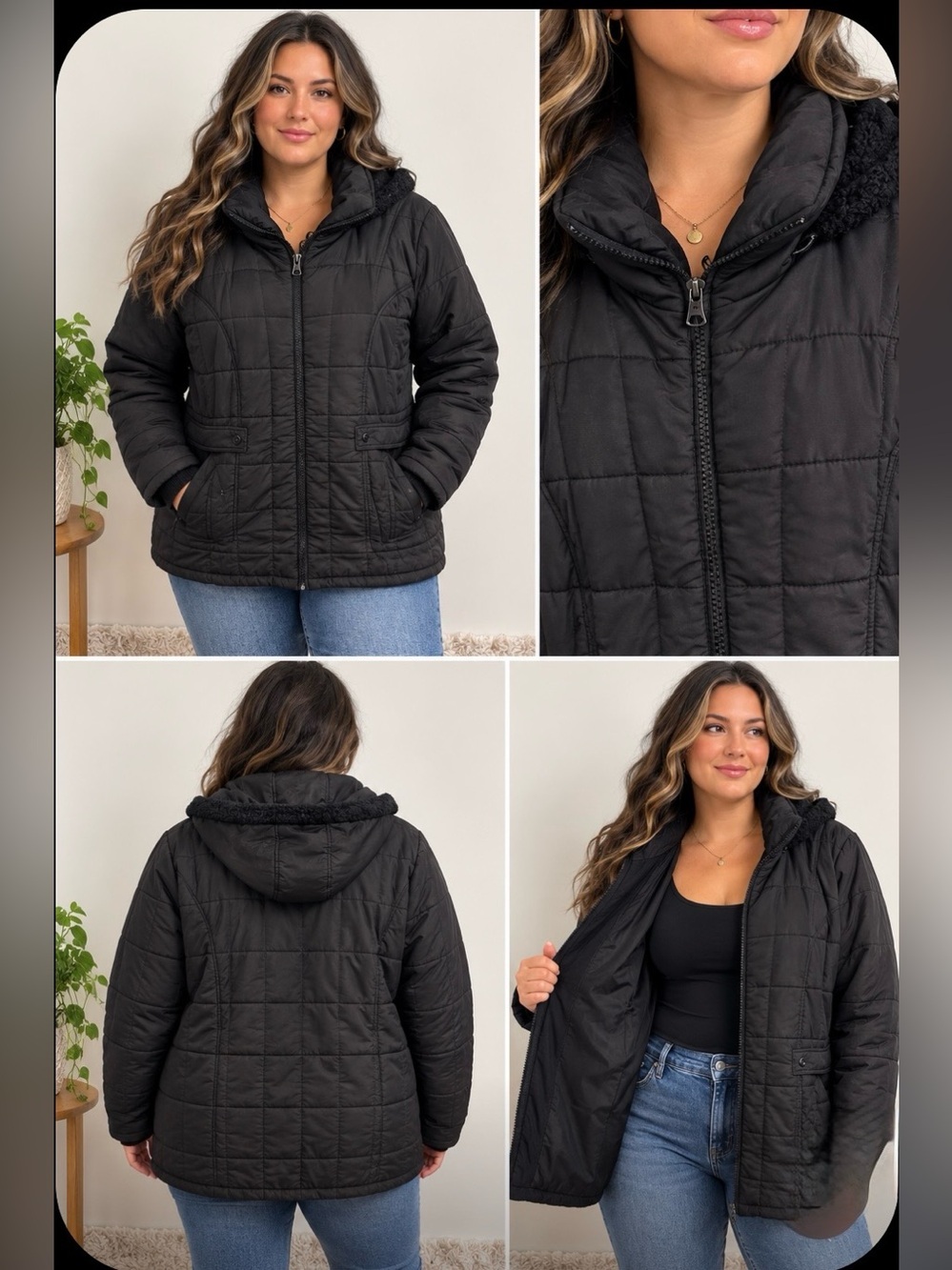 Faded Glory Black Quilted Hooded Jacket women’s size 2x